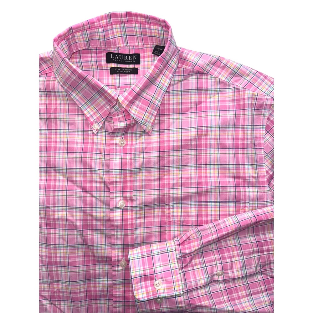 Lauren Ralph Lauren Mens Pink Plaid Stretch Regular Fit Button Down Shirt L 16
